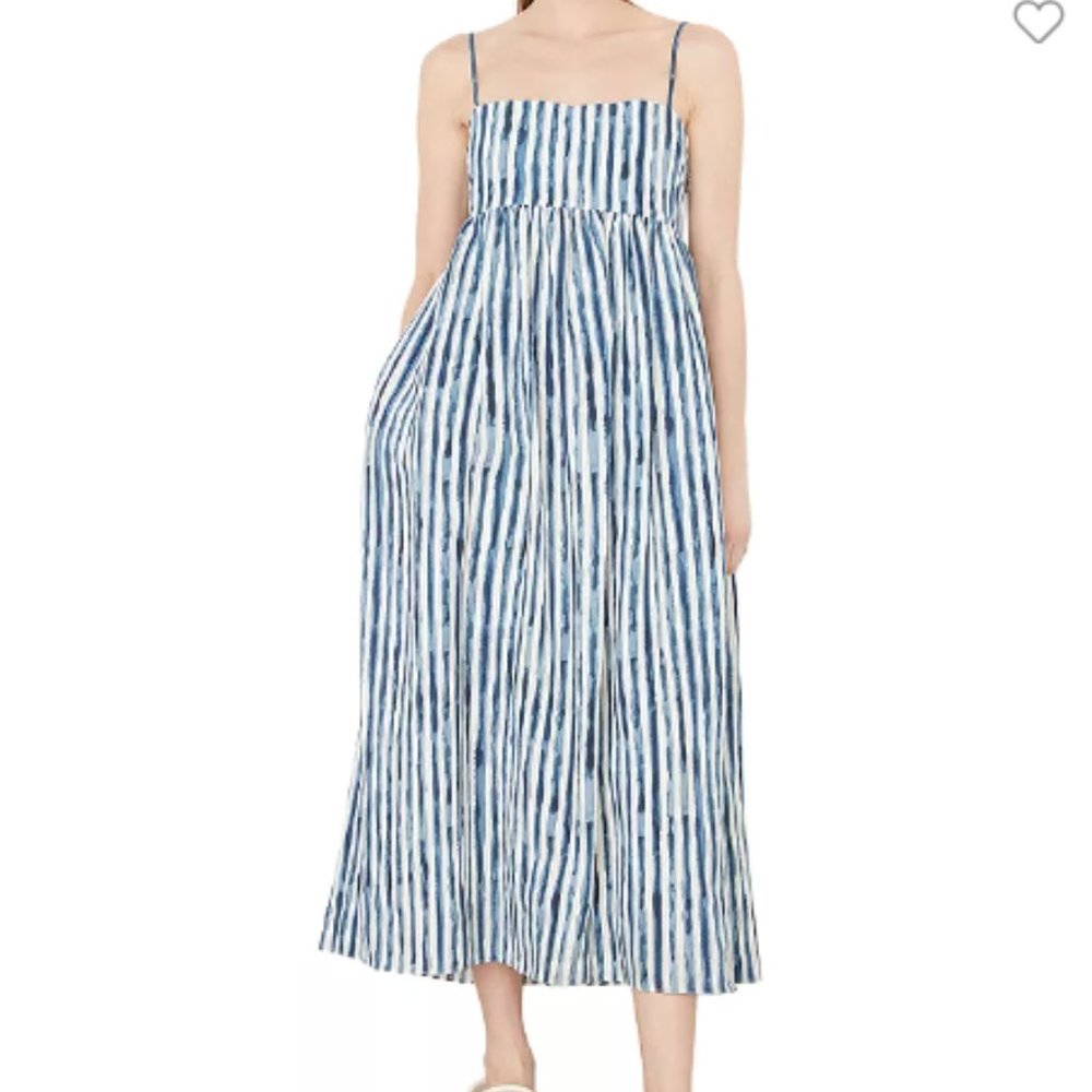 VINCE PAINTERLY STRIPED SLEEVELESS COASTAL BLUE MIDI DRESS sz 10